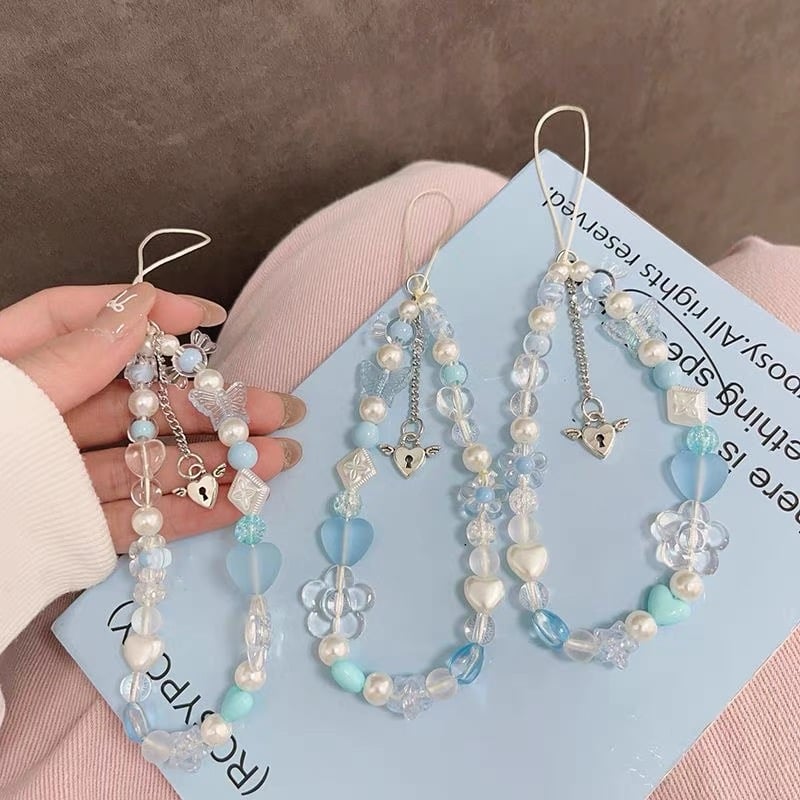 お取り寄せ商品】スマホストラップ ブルー ビーズ クリアカラー 推し活