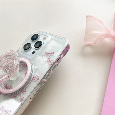 【お取り寄せ商品】iPhoneケース スマホケース iPhone15 iPhone14 Magsafe ワイヤレス充電 グリップ付き リボン 透明 グリッター キラキラ ガーリー 韓国 L7921