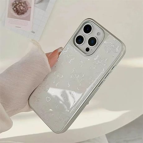 【お取り寄せ商品】iPhoneケース スマホケース iPhone16 iPhone15 iPhone14 おしゃれ シルバー サイド ホワイト リボン ハート L9806