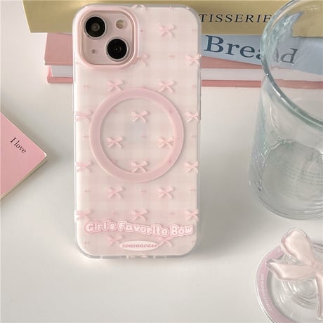 【お取り寄せ商品】iPhoneケース スマホケース iPhone15 iPhone14 リボン ピンク マグセーフ キュー 7974