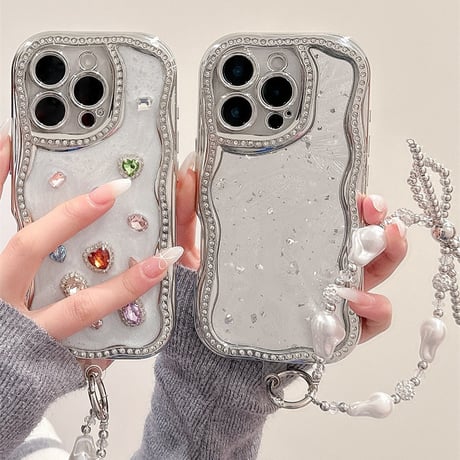 【お取り寄せ商品】iPhoneケース スマホケース iPhone16 iPhone15 iPhone14 かわいい ストーン 韓国 おしゃれ ハンドストラップ付き ウェーブ L9375