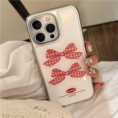 【お取り寄せ商品】iPhoneケース スマホケース iPhone16 iPhone15 iPhone14 可愛い 赤 チェック リボン メタリック L9494
