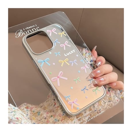 【お取り寄せ商品】iPhoneケース スマホケース iPhone16 iPhone15 iPhone14 可愛い おしゃれ リボン ミラー付き カラフル  L9381