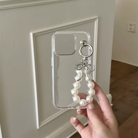 【お取り寄せ商品】iPhoneケース スマホケース iPhone16 iPhone15 iPhone14 韓国 大人女子 クリア リボン パール チャーム L9853