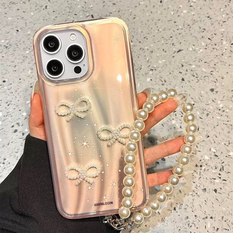 【お取り寄せ商品】iPhoneケース スマホケース iPhone16 iPhone15 iPhone14 ピンク オーロラ パール リボン パール ストラップ付き L9530