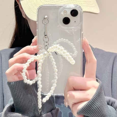 【お取り寄せ商品】iPhoneケース スマホケース iPhone15 iPhone14 チャーム付き リボン パール 透明 シンプル かわいい 韓国 L7618