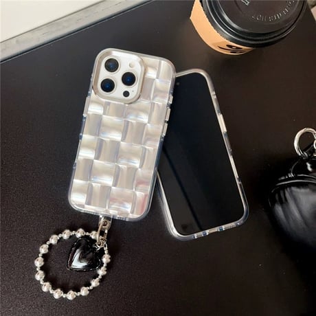 【お取り寄せ商品】iPhoneケース スマホケース iPhone16 iPhone15 iPhone14 おしゃれ シルバー クリア チェック ブラックハート ストラップ付き L9551