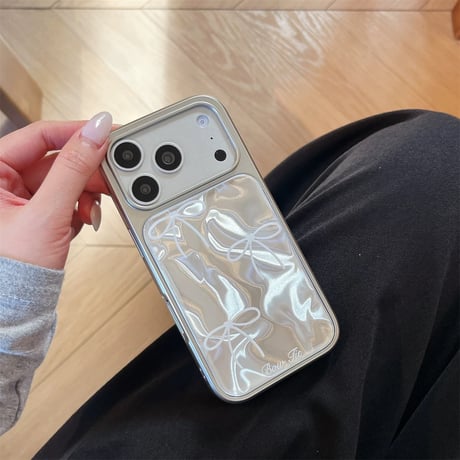 【お取り寄せ商品】iPhoneケース スマホケース iPhone17 iPhone16 iPhone15 リボン 大人可愛い おしゃれ 韓国 シルバー M7148