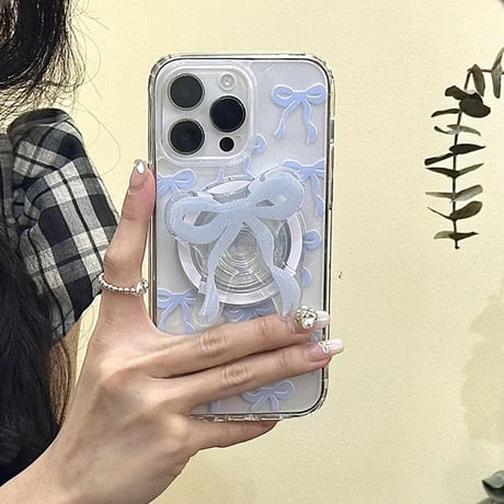 【お取り寄せ商品】iPhoneケース スマホケース iPhone15 iPhone14 リボン Magsafe グリップ付き スタンド 透明 磁気 ガーリー かわいい 韓国 L7805