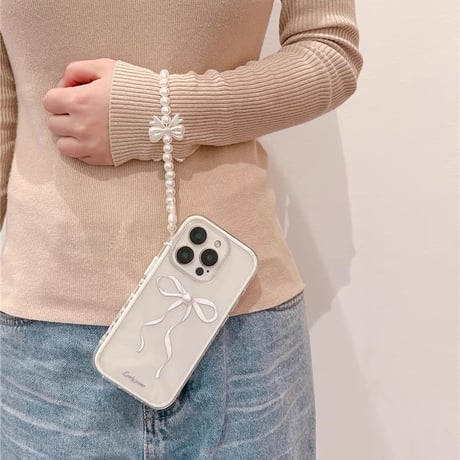 【お取り寄せ商品】iPhoneケース スマホケース iPhone16 iPhone15 iPhone14 パール リボン ストラップ ホワイト L9440