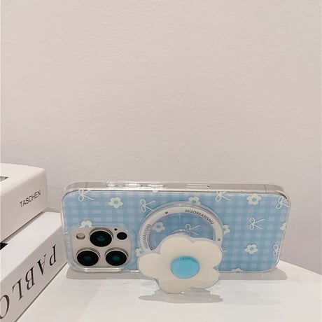 【お取り寄せ商品】iPhoneケース スマホケース iPhone16 iPhone15 iPhone14 可愛い チェック柄 グリップ デイジー お花 MagSafe L9507