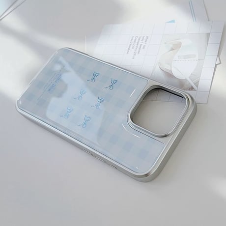 【お取り寄せ商品】iPhoneケース スマホケース iPhone16 iPhone15 iPhone14 かわいい チェック柄 水色 リボン L9554
