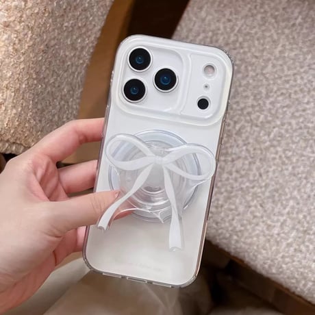 【お取り寄せ商品】iPhoneケース スマホケース iPhone17 iPhone16 iPhone15 ホワイト リボン magsafe グリップ付き M7190