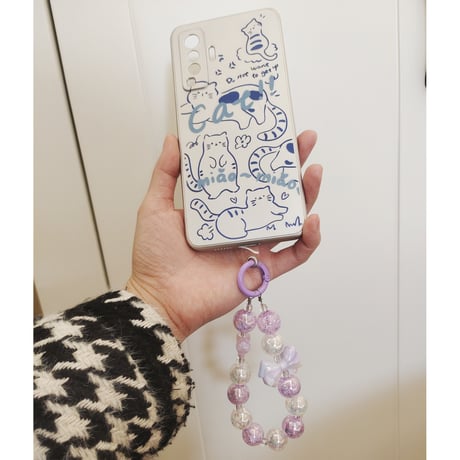 【お取り寄せ商品】iPhone スマホアクセサリー ビーズ ハート リボン ラウンド ミルキー ハンドストラップ キーホルダー キーリング チャーム ビーズチェーン かわいい L7671