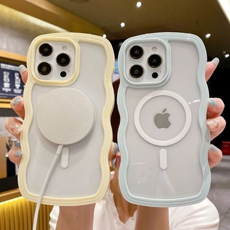 【お取り寄せ商品】iPhoneケース スマホケース iPhone15 iPhone14 パステルカラー ウェーブ うねうね 透明 ワイヤレス充電 Magsafe シンプル かわいい L7415