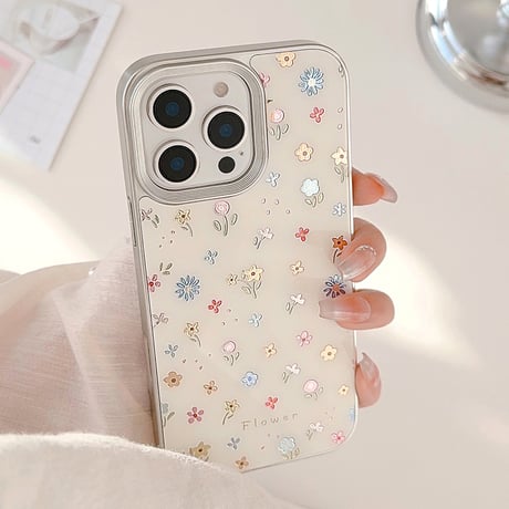 【お取り寄せ商品】iPhoneケース スマホケース iPhone16 iPhone15 iPhone14 韓国 フラワー シルバー サイド ケース L9829