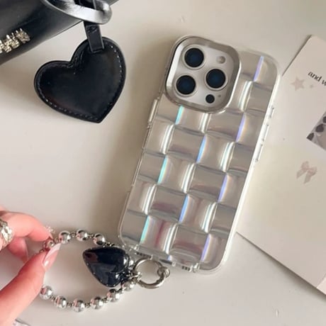 【お取り寄せ商品】iPhoneケース スマホケース iPhone16 iPhone15 iPhone14 おしゃれ シルバー クリア チェック ブラックハート ストラップ付き L9551