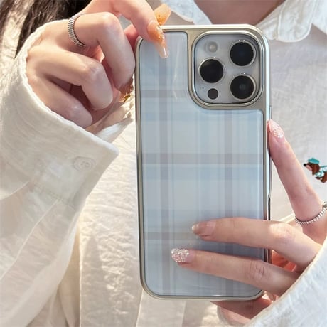 【お取り寄せ商品】iPhoneケース スマホケース iPhone16 iPhone15 iPhone14 シンプル ブルー チェック柄 メタリック くすみカラー 大人可愛い L9567
