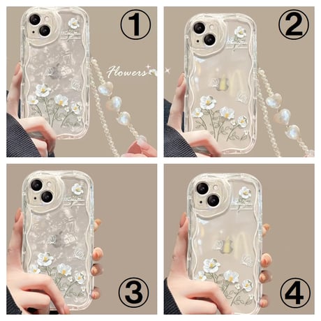 【お取り寄せ商品】iPhoneケース スマホケース iPhone15 iPhone14 フラワー 花柄 デイジー ストラップ付き シェルパターンシート 透明 ウェーブ かわいい 韓国 L7891
