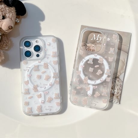 【お取り寄せ商品】iPhoneケース スマホケース iPhone16 iPhone15 iPhone14 可愛い スモーキーカラー クリア くま柄 MagSafe L9331