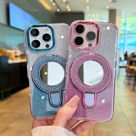 【お取り寄せ商品】iPhoneケース スマホケース iPhone16 iPhone15 iPhone14 可愛い グラデーション ラメ ミラー スタンド 多機能 MagSafe L9560