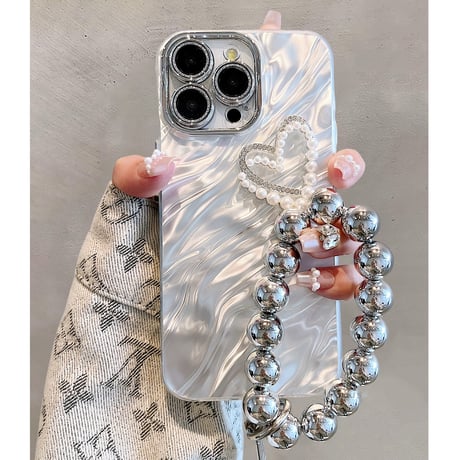 【お取り寄せ商品】iPhoneケース スマホケース iPhone15 iPhone14 ハンドストラップ付き 立体 パールハート 波パターン 波模様 きれいめ 高級感 韓国 L7719