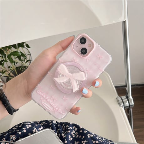 【お取り寄せ商品】iPhoneケース スマホケース iPhone15 iPhone14 リボン ピンク マグセーフ キュー 7974