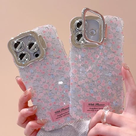 【お取り寄せ商品】iPhoneケース スマホケース iPhone16 iPhone15 iPhone14 可愛い ウェーブ カメラスタンド 春 韓国 花柄 L9413
