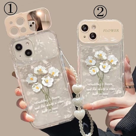 【お取り寄せ商品】iPhoneケース iPhone13 iPhone14 iPhone15 ケース フラワー レンズカバー ミラー付き ストラップ付き シェルシート かわいい レトロ L6783