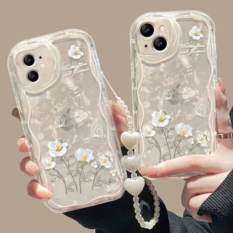 【お取り寄せ商品】iPhoneケース スマホケース iPhone15 iPhone14 フラワー 花柄 デイジー ストラップ付き シェルパターンシート 透明 ウェーブ かわいい 韓国 L7891