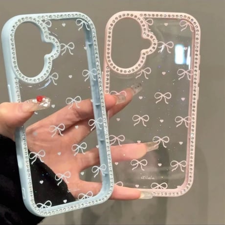 【お取り寄せ商品】iPhoneケース スマホケース iPhone16 iPhone15 iPhone14 大人可愛い クリア リボン柄 ストーン L9335