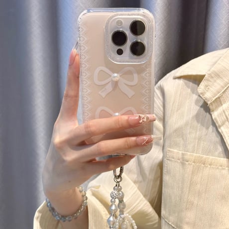 【お取り寄せ商品】iPhoneケース スマホケース iPhone16 iPhone15 iPhone14 キュート リボン パール レース ハンドストラップ L9581