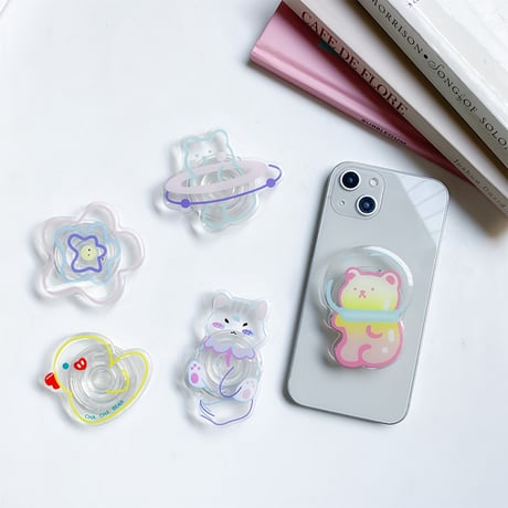 【お取り寄せ商品】iPhone グリップ 透明 アニマル 動物 花 かわいい 韓国 落下防止 L7610