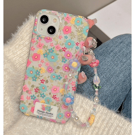 【お取り寄せ商品】iPhoneケース スマホケース iPhone15 iPhone14 ストラップ付き ビーズストラップ カラフル フラワー 花柄 レトロ かわいい 韓国 L7788
