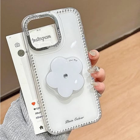 【お取り寄せ商品】iPhoneケース スマホケース iPhone16 iPhone15 iPhone14 かわいい シンプル ホワイト お花 グリップ L9462
