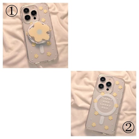 【お取り寄せ商品】iPhoneケース スマホケース iPhone15 iPhone14 グリップ付き スタンド フラワー 花 英字 透明 クリア 磁気 かわいい 韓国 L7421