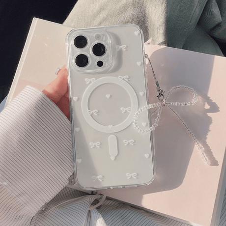 【お取り寄せ商品】iPhoneケース スマホケース iPhone15 iPhone14 Magsafe 磁気吸引ケース チャーム付き 透明 リボン ハート かわいい ガーリー 韓国 L7801