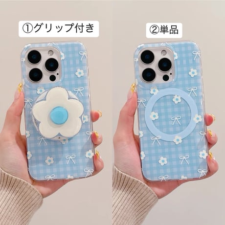 【お取り寄せ商品】iPhoneケース スマホケース iPhone16 iPhone15 iPhone14 可愛い チェック柄 グリップ デイジー お花 MagSafe L9507