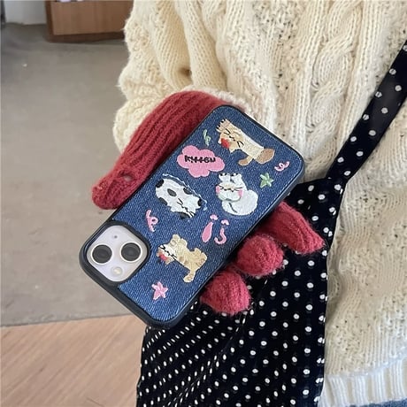 【お取り寄せ商品】iPhoneケース スマホケース iPhone16 iPhone15 ぬいぐるみ 猫 韓国っぽ 可愛い デニム M7022