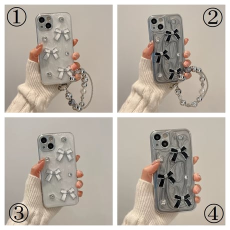 【お取り寄せ商品】iPhoneケース スマホケース iPhone15 iPhone14 ハンドストラップ付き 立体 リボン ラインストーン クリームパターン 大人かわいい ガーリー 韓国 L7684