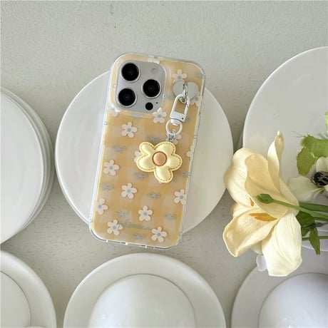 【お取り寄せ商品】iPhoneケース スマホケース iPhone16 iPhone15 iPhone14 チャーム付き チェック イエロー リボン かわいい L9860