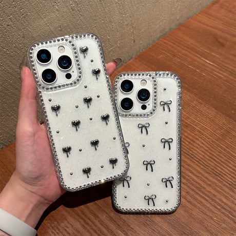 【お取り寄せ商品】iPhoneケース スマホケース iPhone16 iPhone15 iPhone14 キラキラ リボン ハート ストーン付き L9856