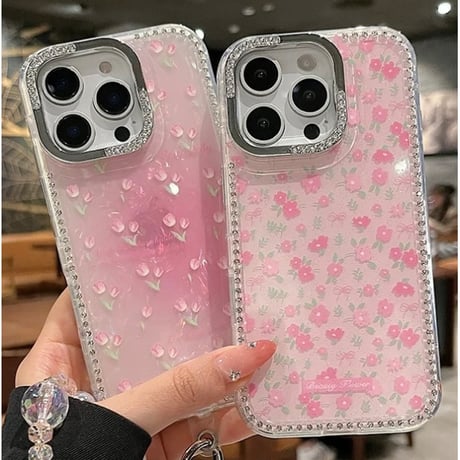 【お取り寄せ商品】iPhoneケース スマホケース iPhone16 iPhone15 iPhone14 可愛い ストーン ピンク 花柄 チューリップ デイジー L9523