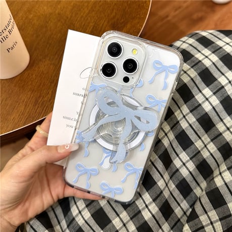 【お取り寄せ商品】iPhoneケース スマホケース iPhone15 iPhone14 リボン Magsafe グリップ付き スタンド 透明 磁気 ガーリー かわいい 韓国 L7805