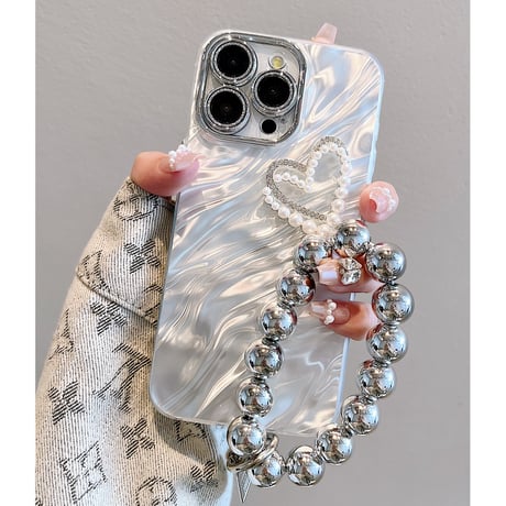 【お取り寄せ商品】iPhoneケース スマホケース iPhone15 iPhone14 ハンドストラップ付き 立体 パールハート 波パターン 波模様 きれいめ 高級感 韓国 L7719