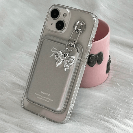 【お取り寄せ商品】iPhoneケース スマホケース iPhone16 iPhone15 iPhone14 カード入れ マグセーフ リボン シンプル メタリック L9300