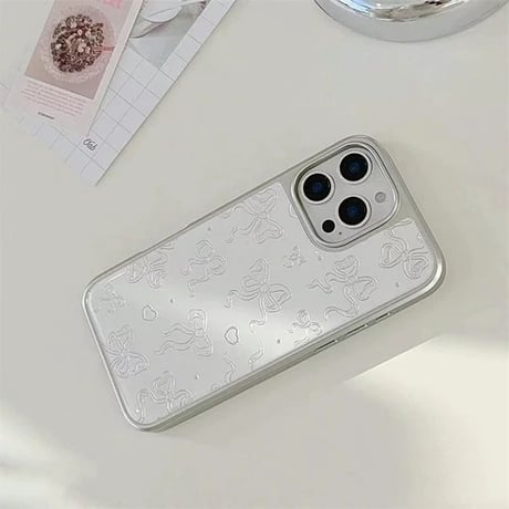 【お取り寄せ商品】iPhoneケース スマホケース iPhone16 iPhone15 iPhone14 おしゃれ シルバー サイド ホワイト リボン ハート L9806
