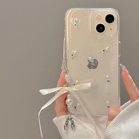 【お取り寄せ商品】iPhoneケース スマホケース iPhone15 iPhone14 立体 チューリップ フラワー 透明 グリッター チャーム付き 清楚 かわいい 韓国 L7823