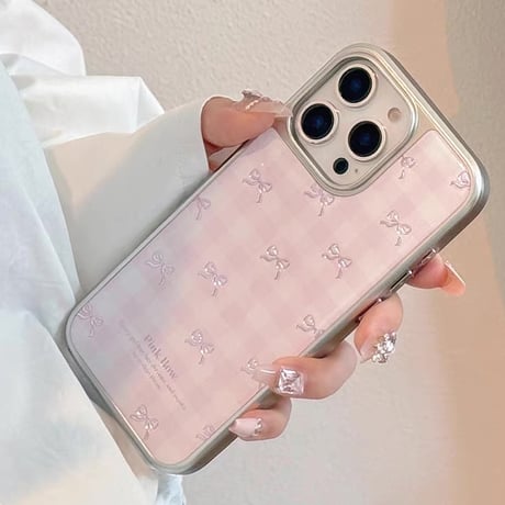 【お取り寄せ商品】iPhoneケース スマホケース iPhone16 iPhone15 iPhone14 可愛い ラブリー ピンク チェック柄 リボン L9504