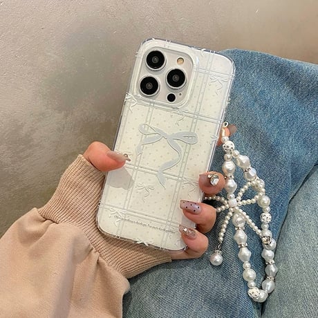 【お取り寄せ商品】iPhoneケース スマホケース iPhone15 iPhone16 選べるストラップ付き リボン ホワイト ガーリー L8373